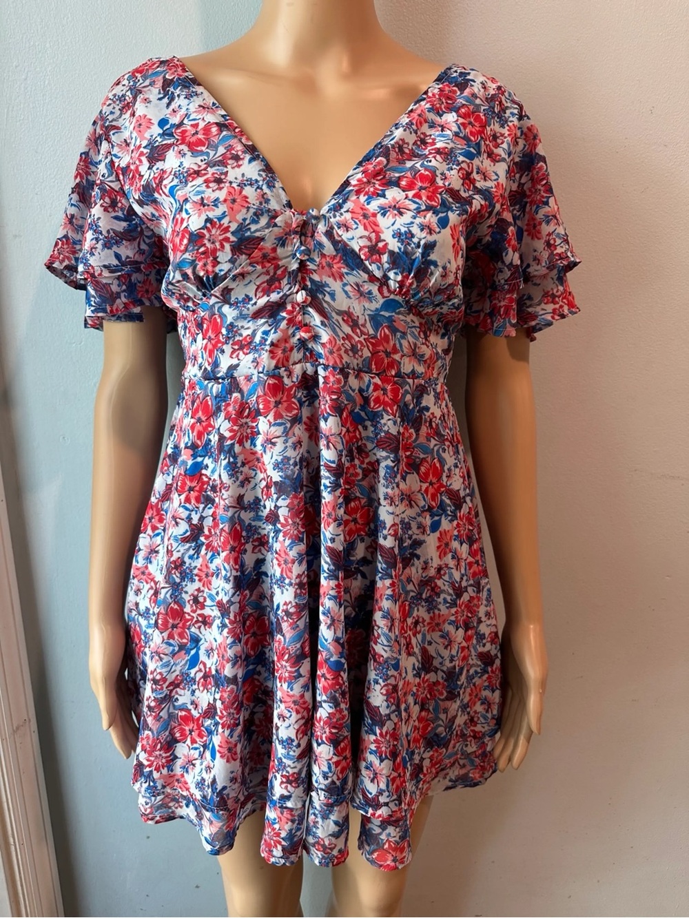 Japna Americana Floral Ruffled Flutter Sleeve Mini Dress Red Blue